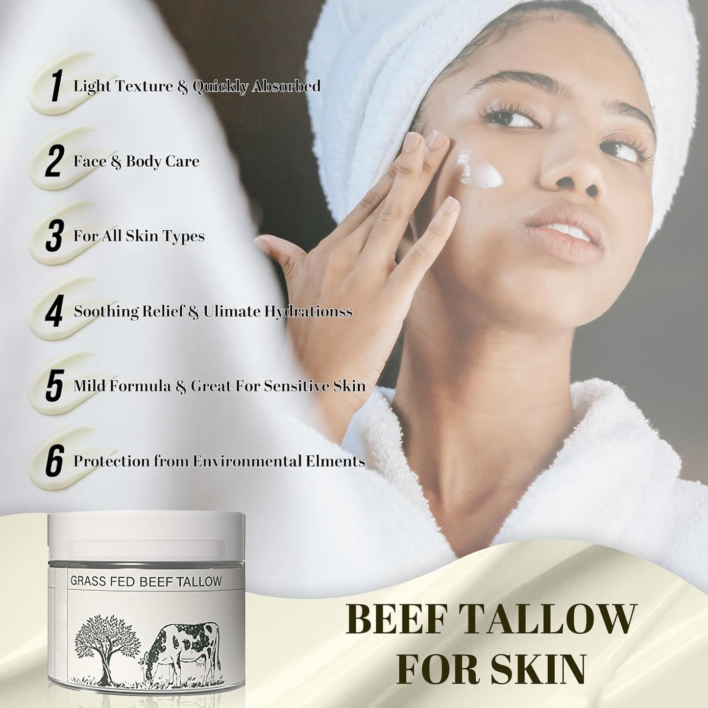Beef Tallow for Skin, Beef Tallow, Tallow Face Moisturizer, Grass Fed Beef Tallow Grass Finished Organic Beef Tallow Balm Whipped Tallow Face Cream Moisturizer for Body Lotion Skin Care (1.7OZ)