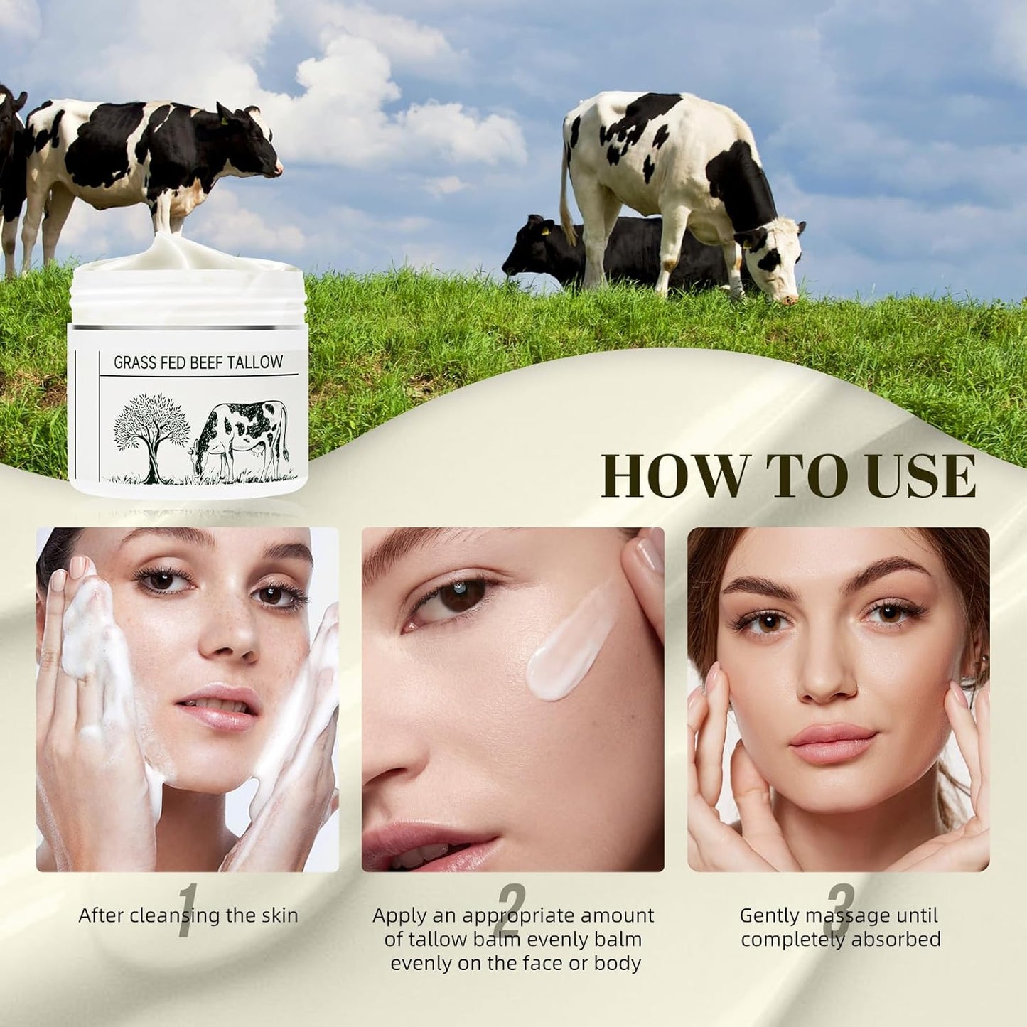 Beef Tallow for Skin, Beef Tallow, Tallow Face Moisturizer, Grass Fed Beef Tallow Grass Finished Organic Beef Tallow Balm Whipped Tallow Face Cream Moisturizer for Body Lotion Skin Care (1.7OZ)