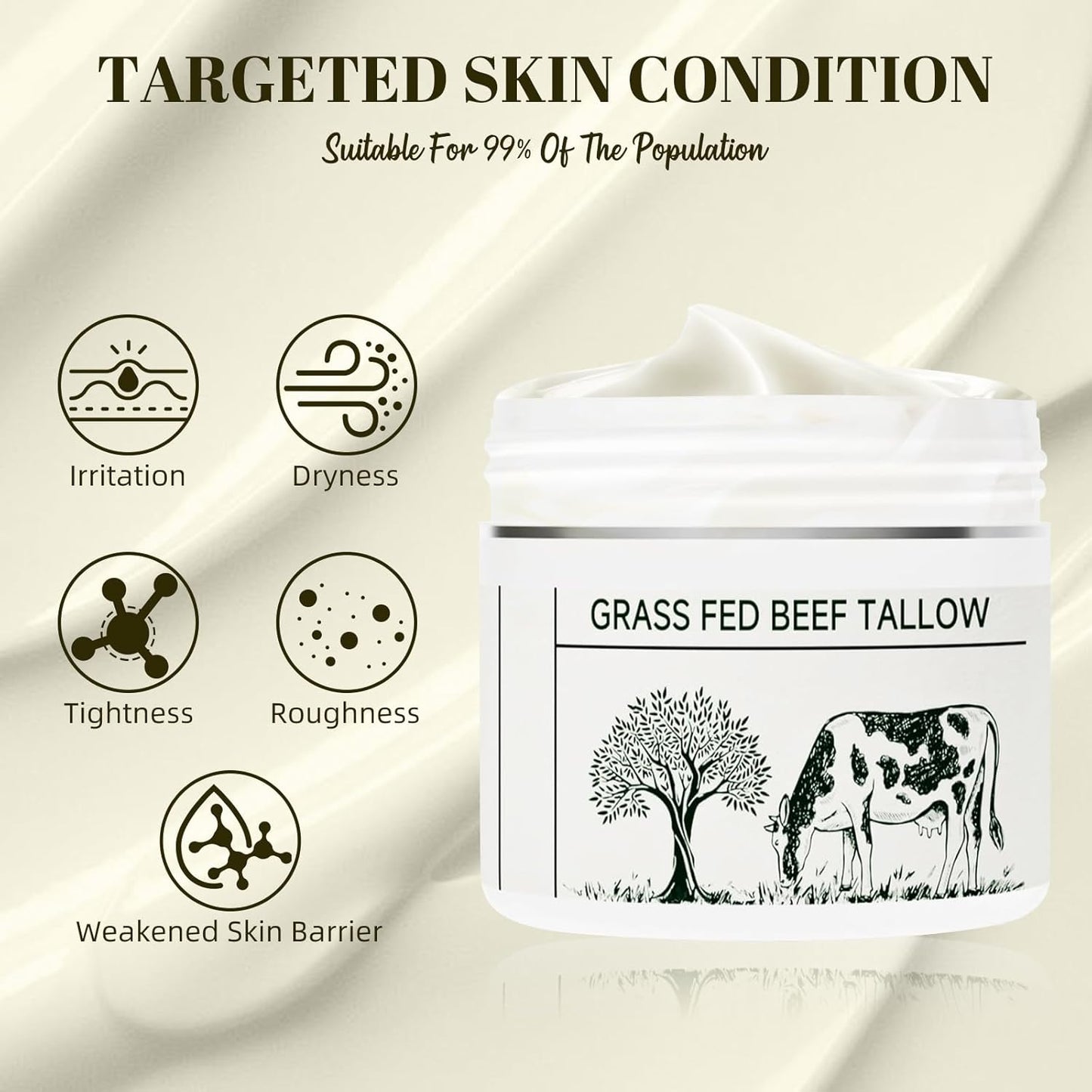 Beef Tallow for Skin, Beef Tallow, Tallow Face Moisturizer, Grass Fed Beef Tallow Grass Finished Organic Beef Tallow Balm Whipped Tallow Face Cream Moisturizer for Body Lotion Skin Care (1.7OZ)