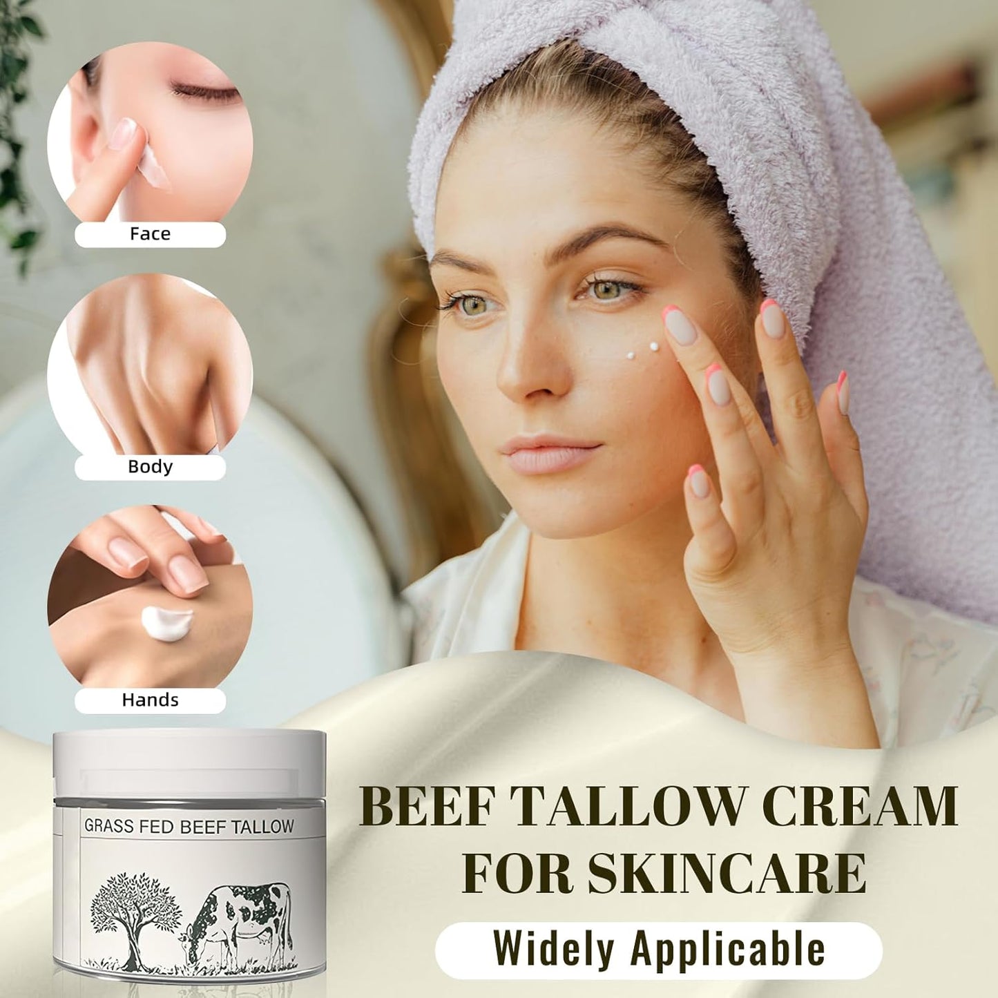 Beef Tallow for Skin, Beef Tallow, Tallow Face Moisturizer, Grass Fed Beef Tallow Grass Finished Organic Beef Tallow Balm Whipped Tallow Face Cream Moisturizer for Body Lotion Skin Care (1.7OZ)