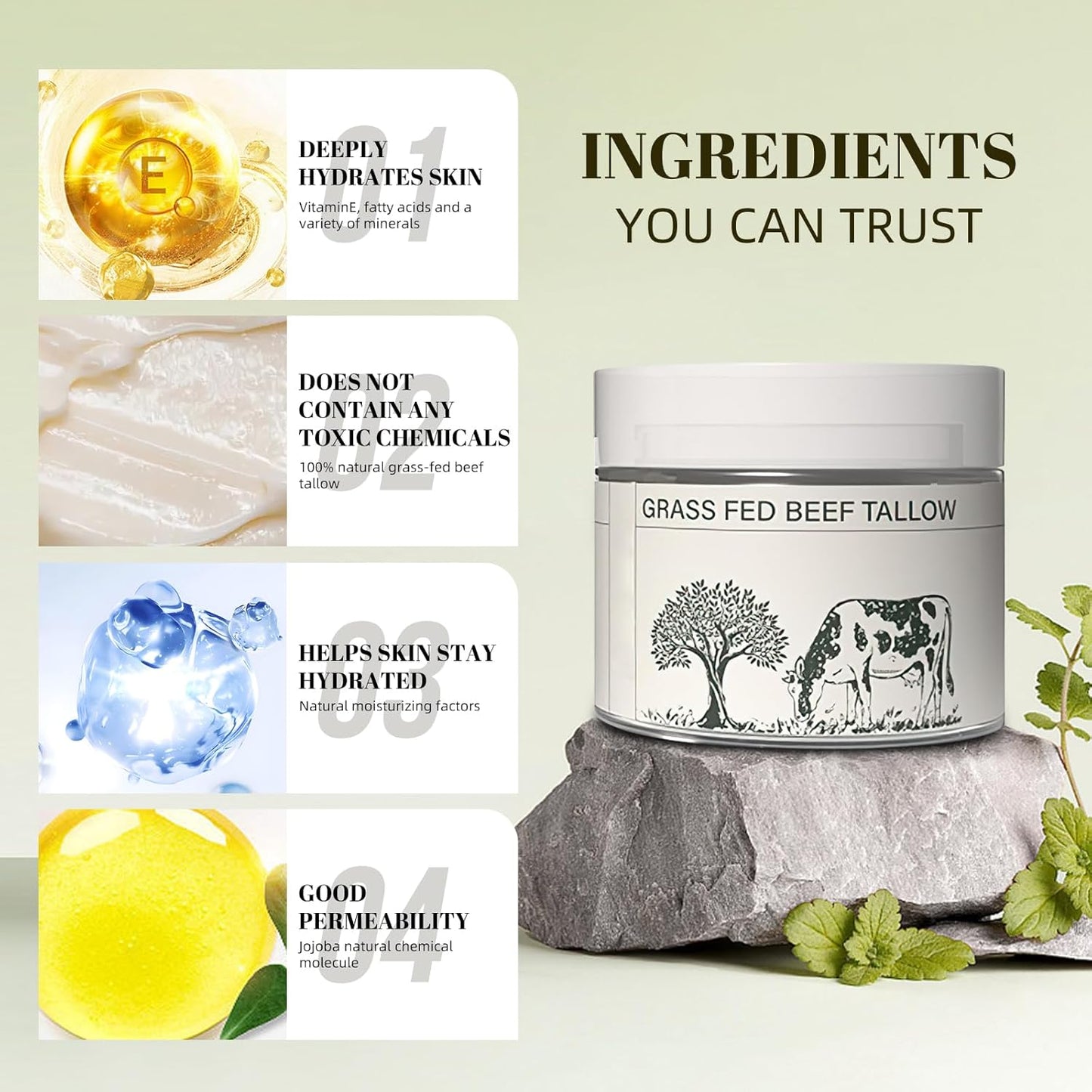 Beef Tallow for Skin, Beef Tallow, Tallow Face Moisturizer, Grass Fed Beef Tallow Grass Finished Organic Beef Tallow Balm Whipped Tallow Face Cream Moisturizer for Body Lotion Skin Care (1.7OZ)